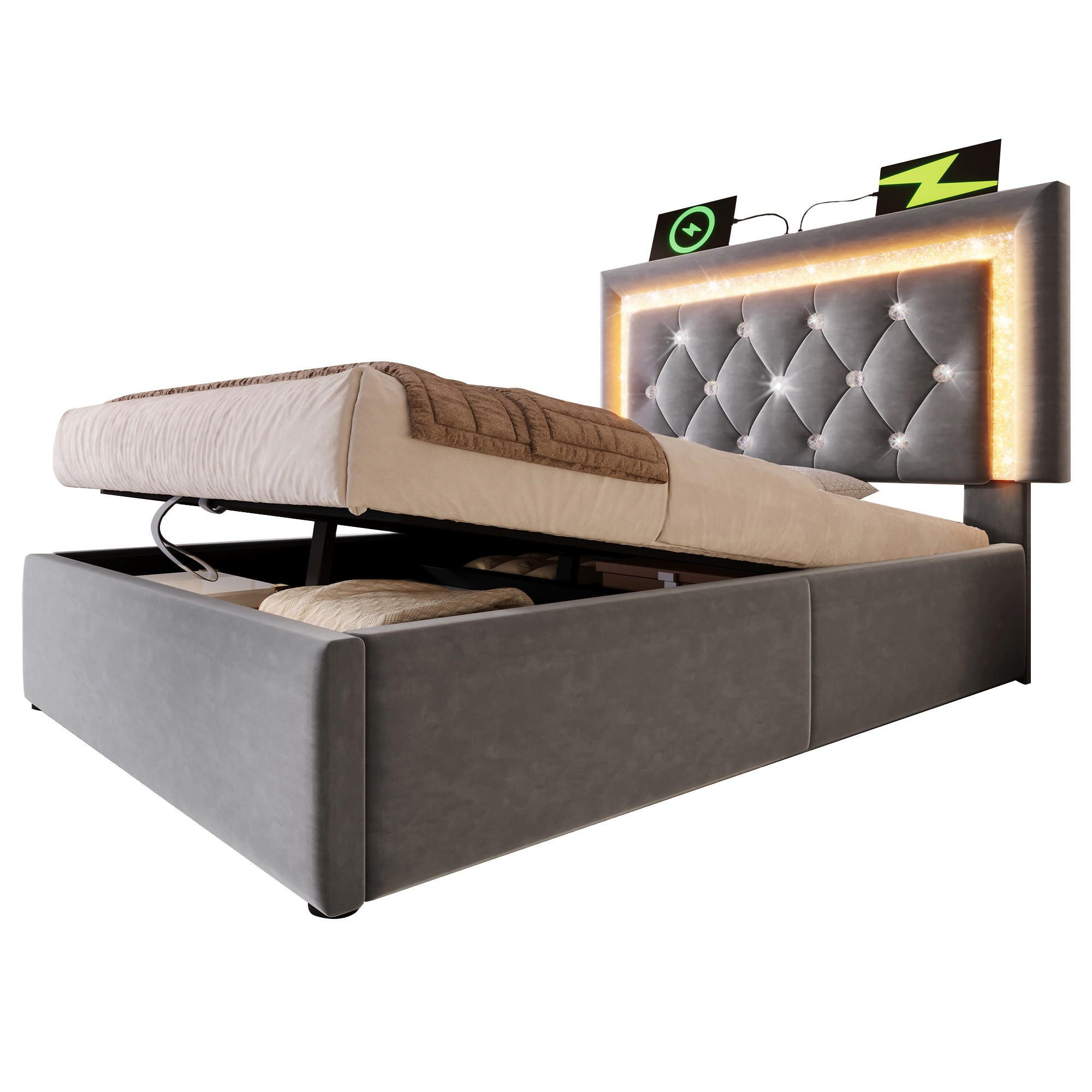 POLSTERBETT aus Samt 90x200 cm in Grau mit LED & USB-Type-C Ladestation - Grau, Textil (90/200cm) - Modfu