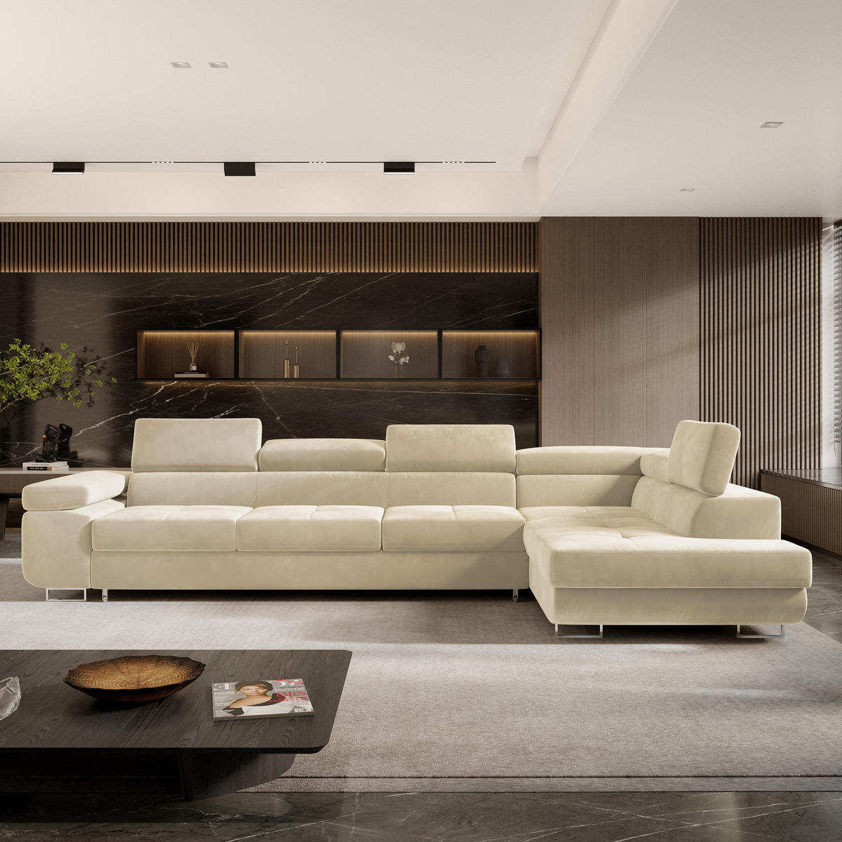 ECKSOFA VICENTE Creme Velours-Stoff mit Schlaffunktion - Creme, Holz (346/202cm) - MASSENO