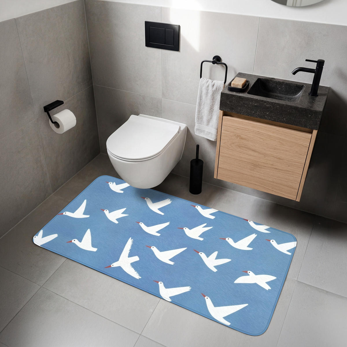 WC PŘEDLOŽKA Ptáci - bílá - vzor 120x60 cm - modrá, textil/plast (120/1cm) - OnlyWow