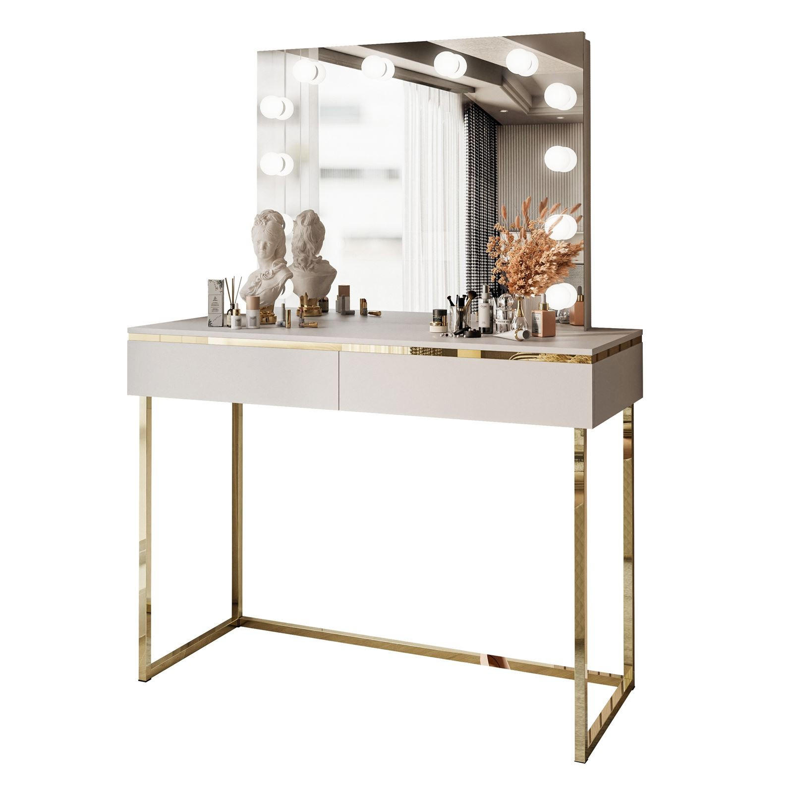 SCHMINKTISCH AURORA GOLD ELITE in Kaschmir mit Spiegel - Kaschmir/Goldfarben, Holzwerkstoff/Metall (102/144/44cm) - Lookway