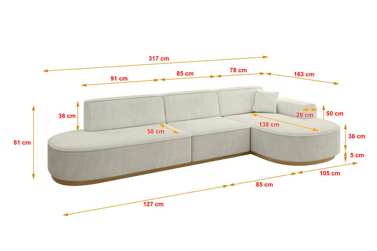 ECKSOFA Ottomane Rechts MARI-L2-v2 - 328x171x83 cm Creme Cord - Hellgrau/Creme, Holzwerkstoff/Textil (171/328cm) - ALTDECOR