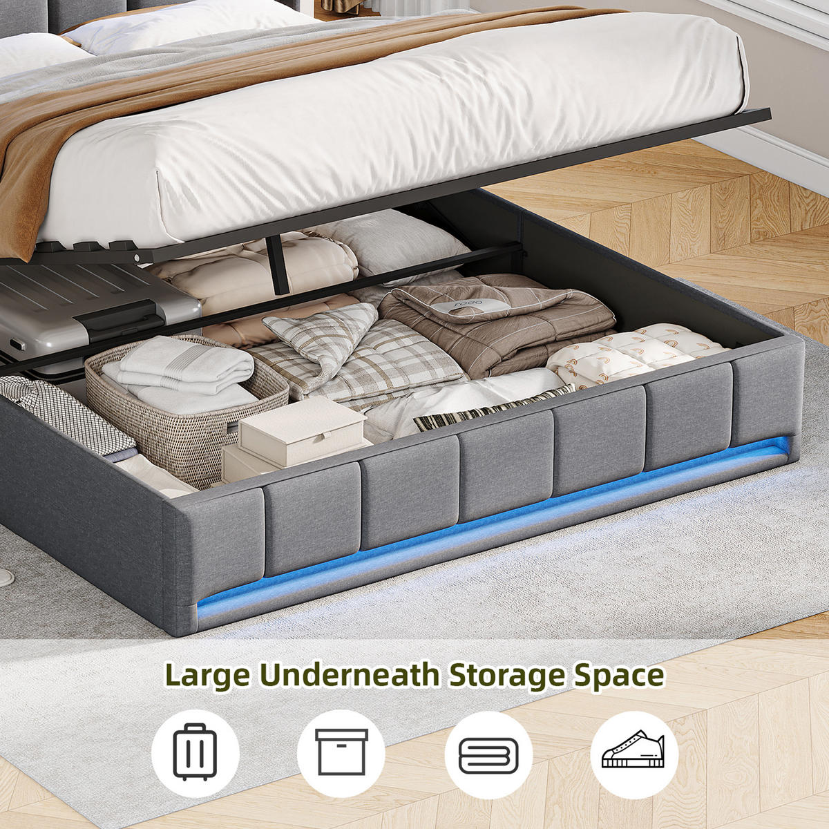 POLSTERBETT 160x200 cm LED USB C Hydraulik Stauraum Metall grau - Grau, Holz (160/200cm) - LEBENLANG