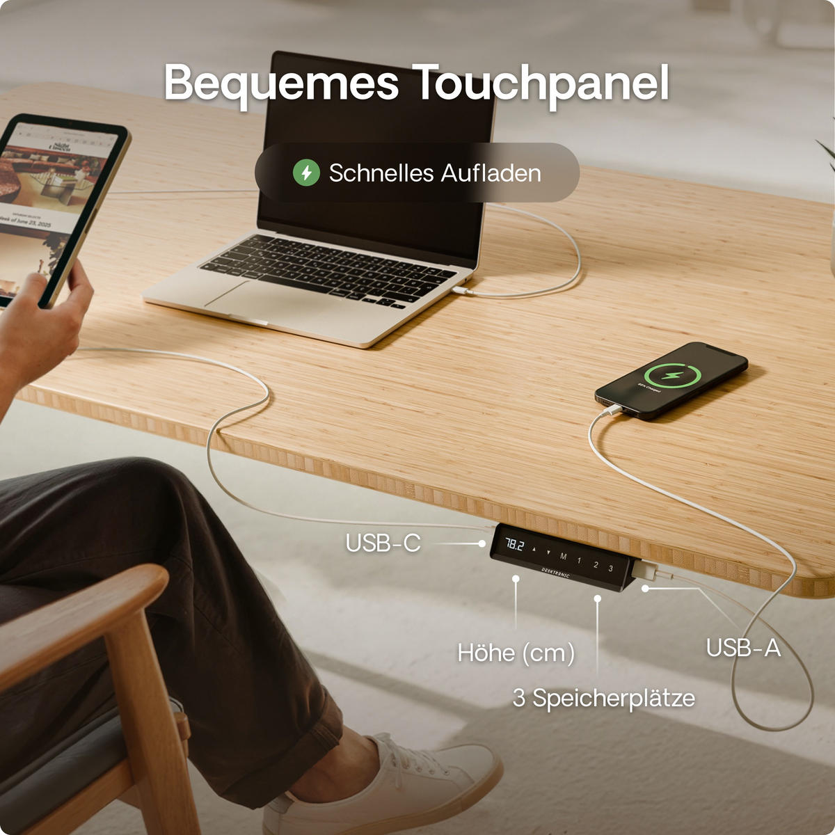 SCHREIBTISCH Elektrisch Höhenverstellbarer HomeOne 140x70cm Weiß/Bambus mit Memory-Funktion, Anti-Kollisions Technologie - Hellgelb/Weiß, Holz (70/140/72cm) - Desktronic