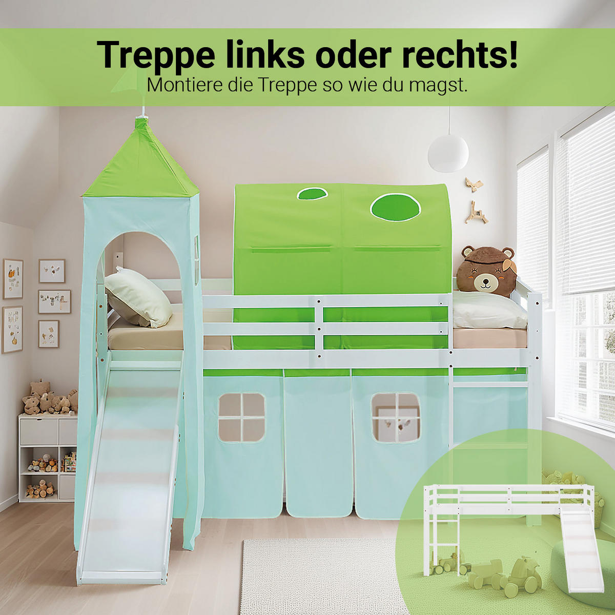 HOCHBETT 90/200 cm in Weiß und Grün Rutsche mit Lattenrost - Weiß/Grün, Holz/Textil (90/200cm) - Homestyle4u