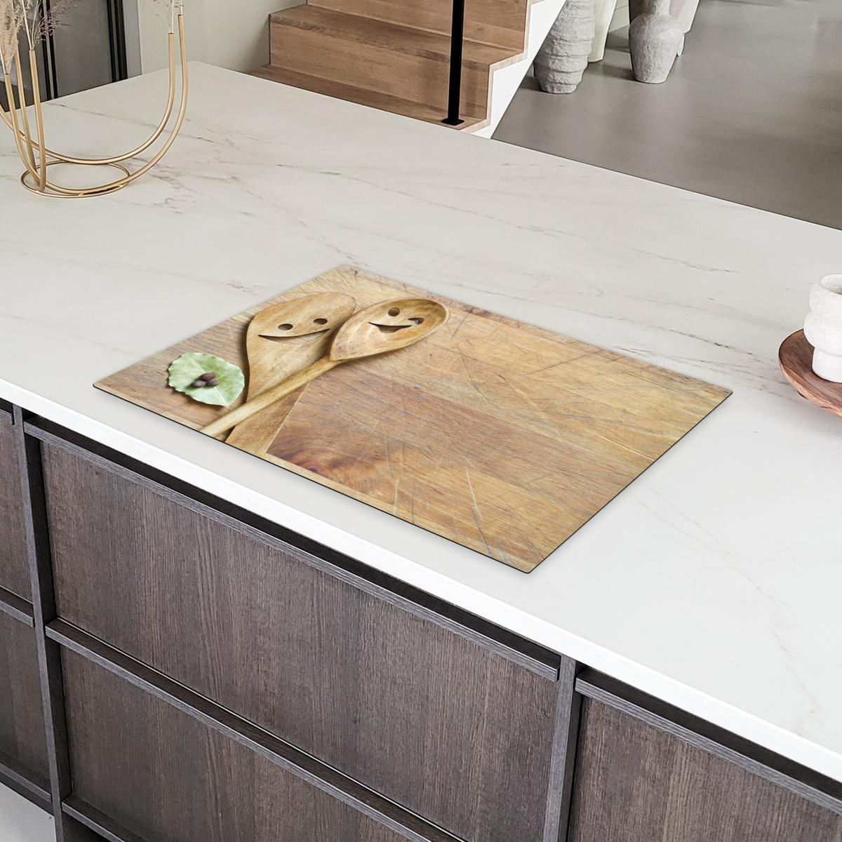 HERDABDECKPLATTE Holz - Löffel - Braun - Smiley Ceranfeldabdeckung 76x51.5 cm - Hellbraun, Kunststoff (76/51.5/0.2cm) - MuchoWow