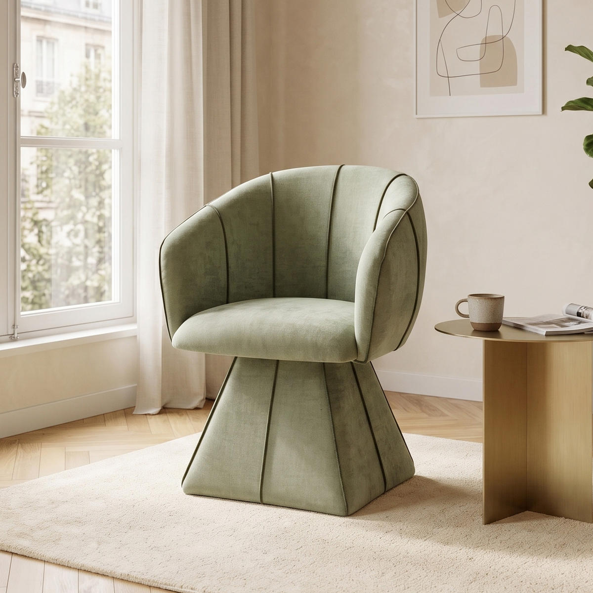 DREHSTUHL 360° Chenille Ergonomischer Sessel Wohnzimmer & Schlafzimmer - Olivgrün, Textil (56/74.5/54cm) - Urban Meuble