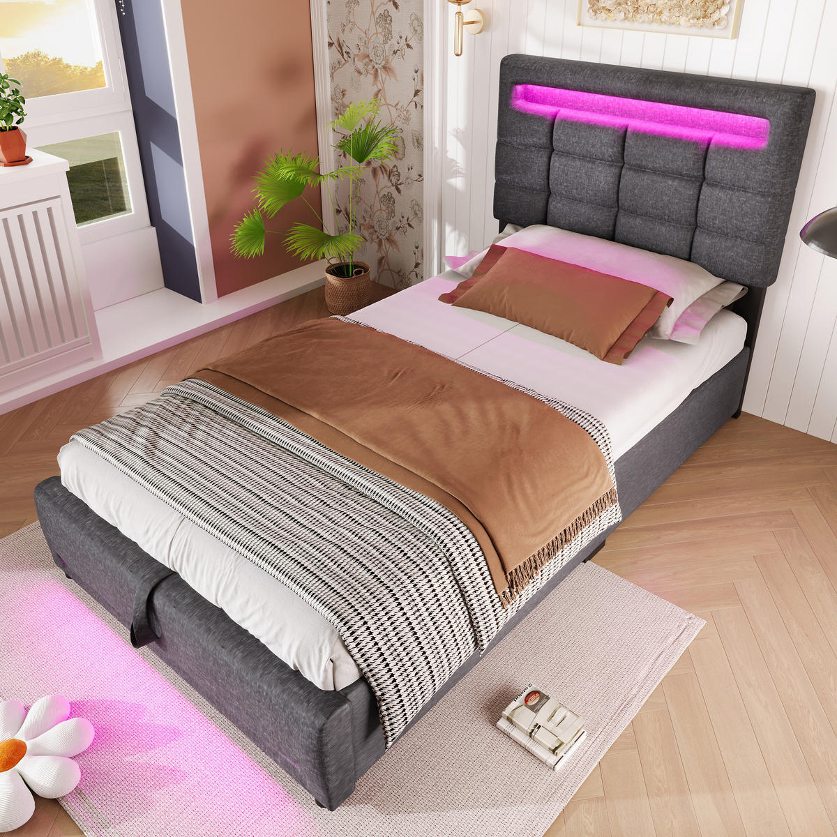 POLSTERBETT 90/200 cm in Grau Leinen mit Bettkasten, LED und USB - Grau, Holzwerkstoff/Textil (90/200cm) - WISHDOR