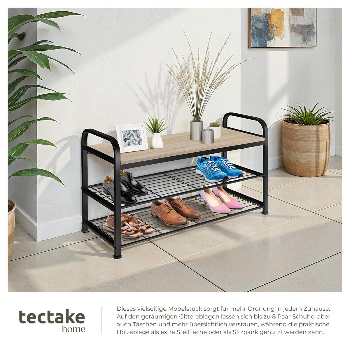 SCHUHREGAL Southampton,91 x 36 x 55 cm,Industrial Holz hell, Eiche Sonoma - Naturfarben, Metall (36/55/91cm) - tectake
