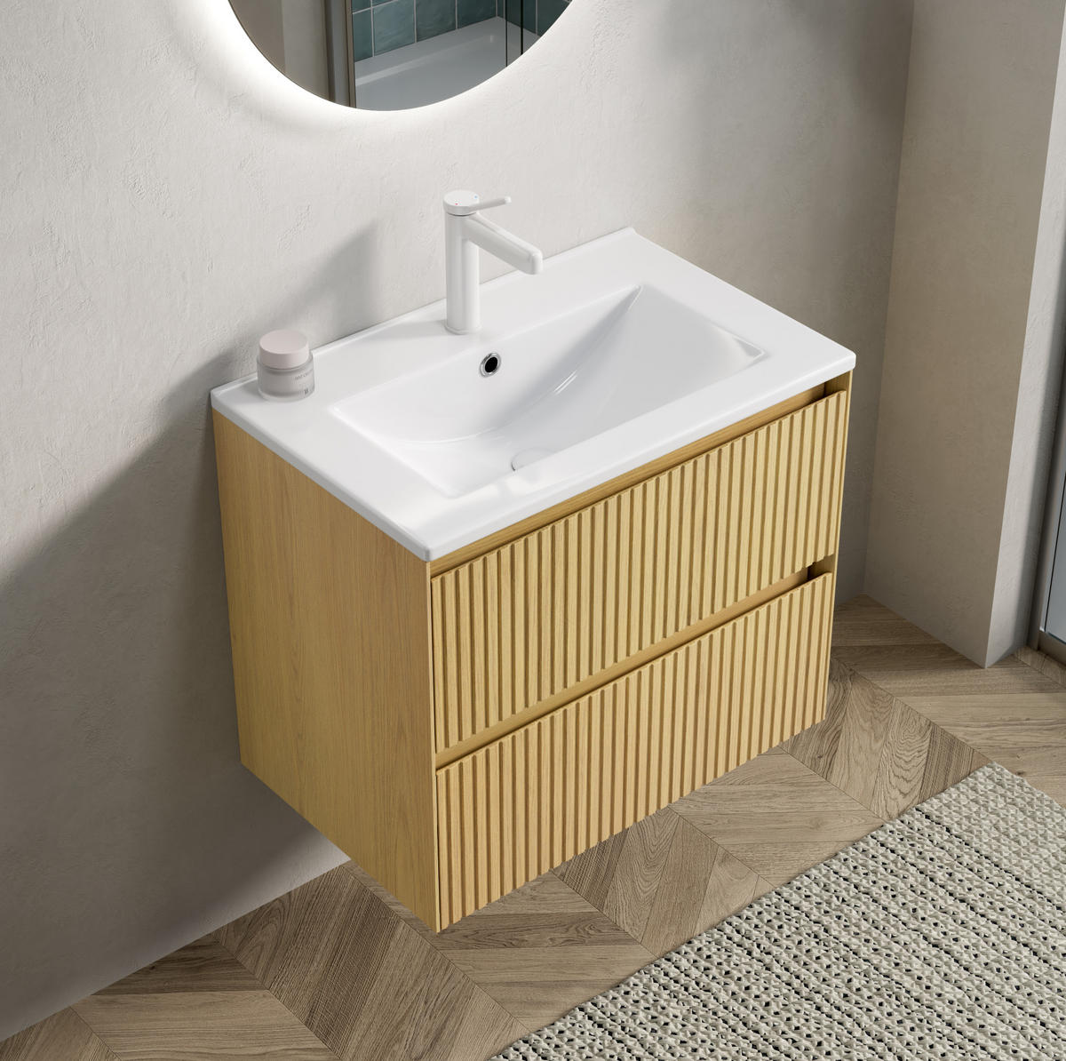 BADEZIMMERSCHRANK 61x39x51.5 cm Golden Oak & Weiß aus Keramik & Sperrholz mit 2 Schubladen - Eichefarben, Keramik (61/51.5/39cm) - Modfu