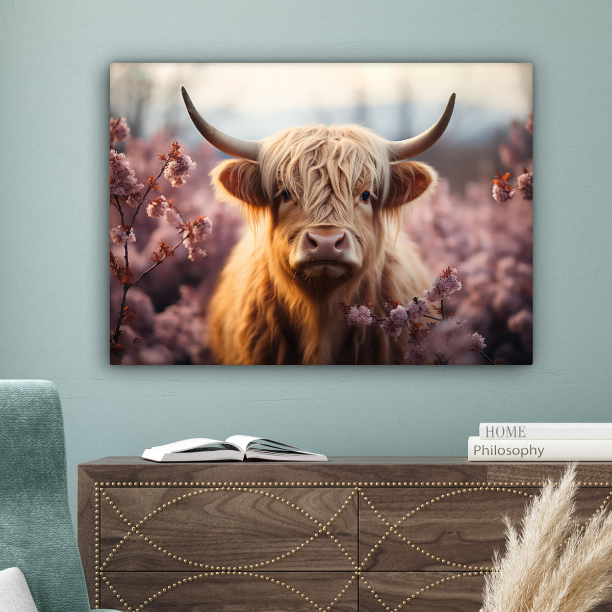 LEINWANDBILD - Schottischer Hochländer - Frühling - Hochland - 80x60 - Malerei - Hellrosa, Textil (80/60cm) - MuchoWow