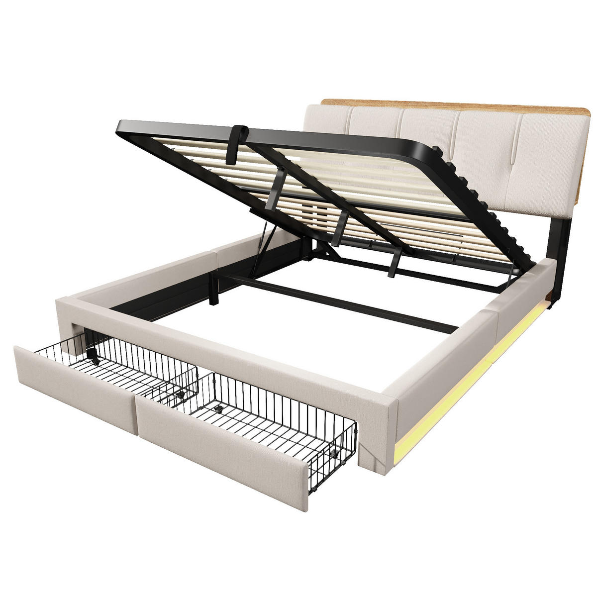 POLSTERBETT 140/200 cm mit LED-Beleuchtung, USB- und USB-C-Anschluss, hydraulischem Bettkasten und Schubladen, Beige - Beige, Textil (140/200cm) - Redom