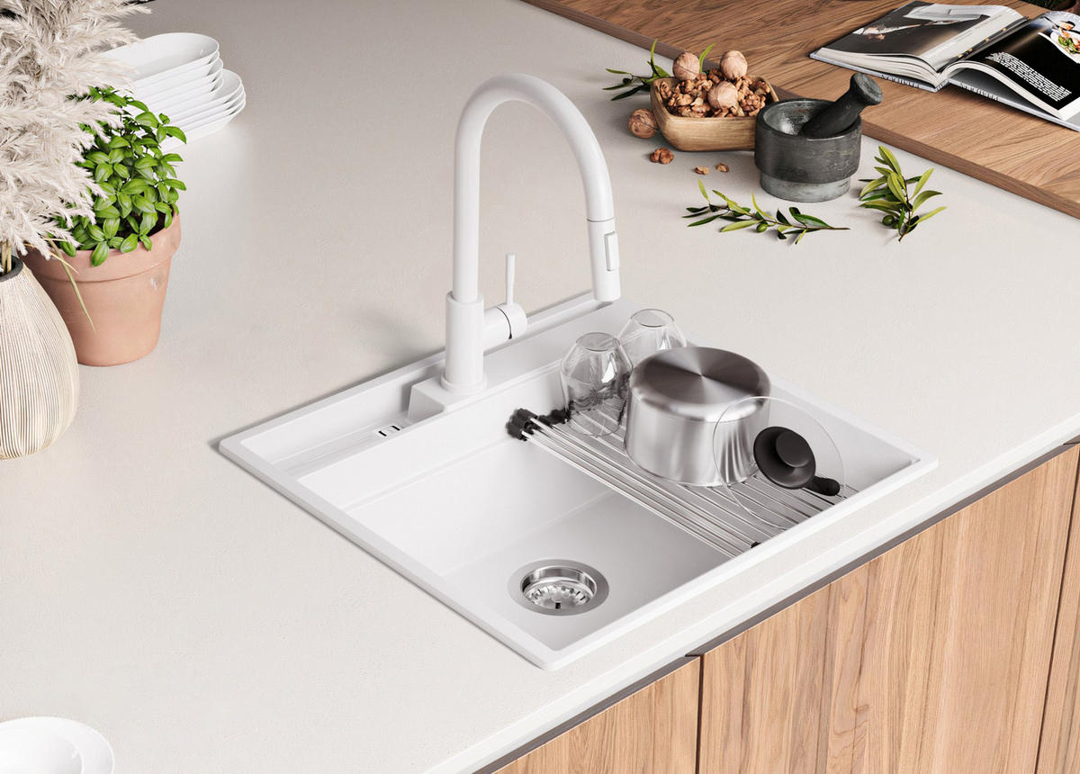 SPÜLBECKEN Oslo Pocket, 2-er set Weiß 58/53 cm 1 Becken + Ablauf-Set + Küchenzubehörset ab 60er Unterschrank - Chromfarben/Beige, Kunststoff (58/20/53cm) - Primagran