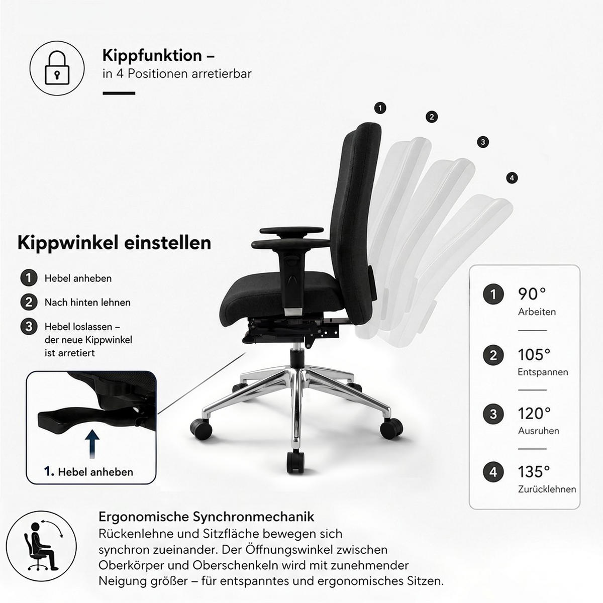 BÜROSTUHL Terox Stoff Schwarz - ergonomisch, 150 kg belastbar, Sitzhöhe 54-66cm - Schwarz, Kunststoff/Textil (65/106/60cm) - Versee