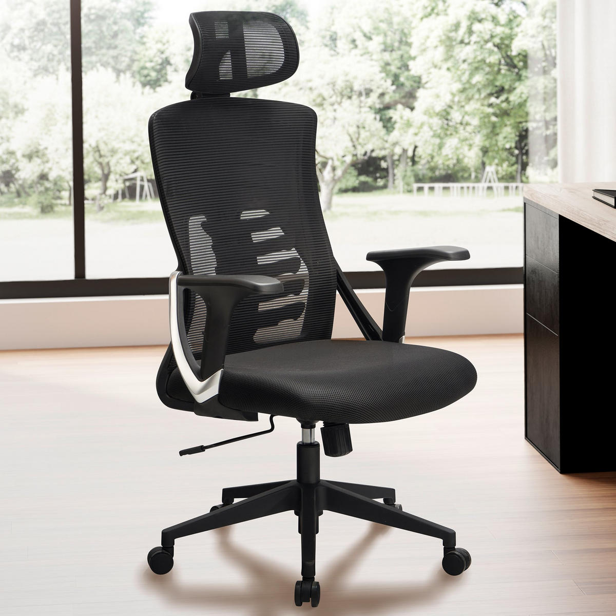 BÜRODREHSTUHL Schwarz Mesh mit Wippmechanik, Kopfstütze und 4-fach Lordosenstütze ASTRA - Schwarz, Kunststoff/Textil (65/123/65cm) - KADIMA DESIGN