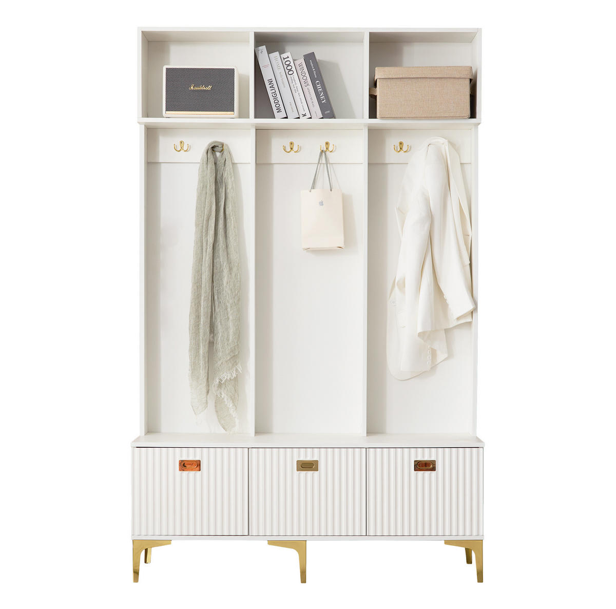 GARDEROBE mit Sitzbank, Spanplatte mit goldfarbenen Details, 120/23,5/191,5 cm, Weiß - Weiß, Holzwerkstoff (40/191/120cm) - Redom