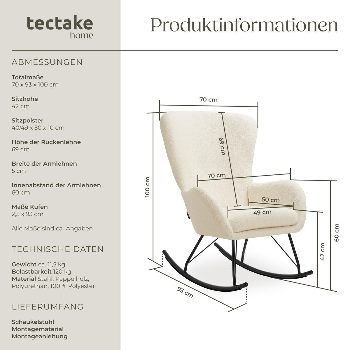 SCHAUKELSTUHL Swing,70 x 93 x 100 cm, Belastbarkeit 120 kg,creme/schwarz - Creme/Schwarz, Kunststoff (70/100/93cm) - tectake