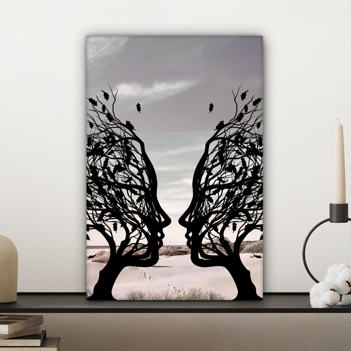 LEINWANDBILD Strand - Meer - Menschen - Baum - Moderne Kunst 20x30 cm - Hellgrau, Textil (20/30cm) - MuchoWow