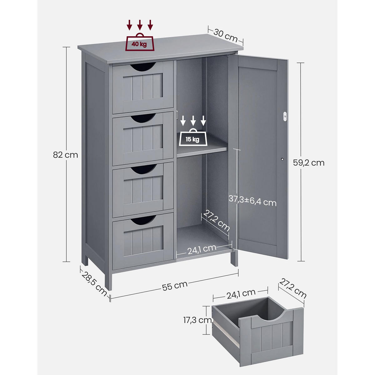 BADEZIMMERSCHRANK VIENTIANE - Grau, Holzwerkstoff (55/82/30cm) - Hansiro