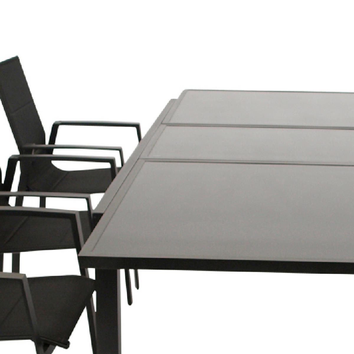 GARTEN-GARNITUR Ashford - 7-teilige Garten-Essgruppe (6x Stapelsessel mit Aluminiumgestell schwarz, Bespannung Textillehne schwarz - Schwarz, Metall - TPFGarden