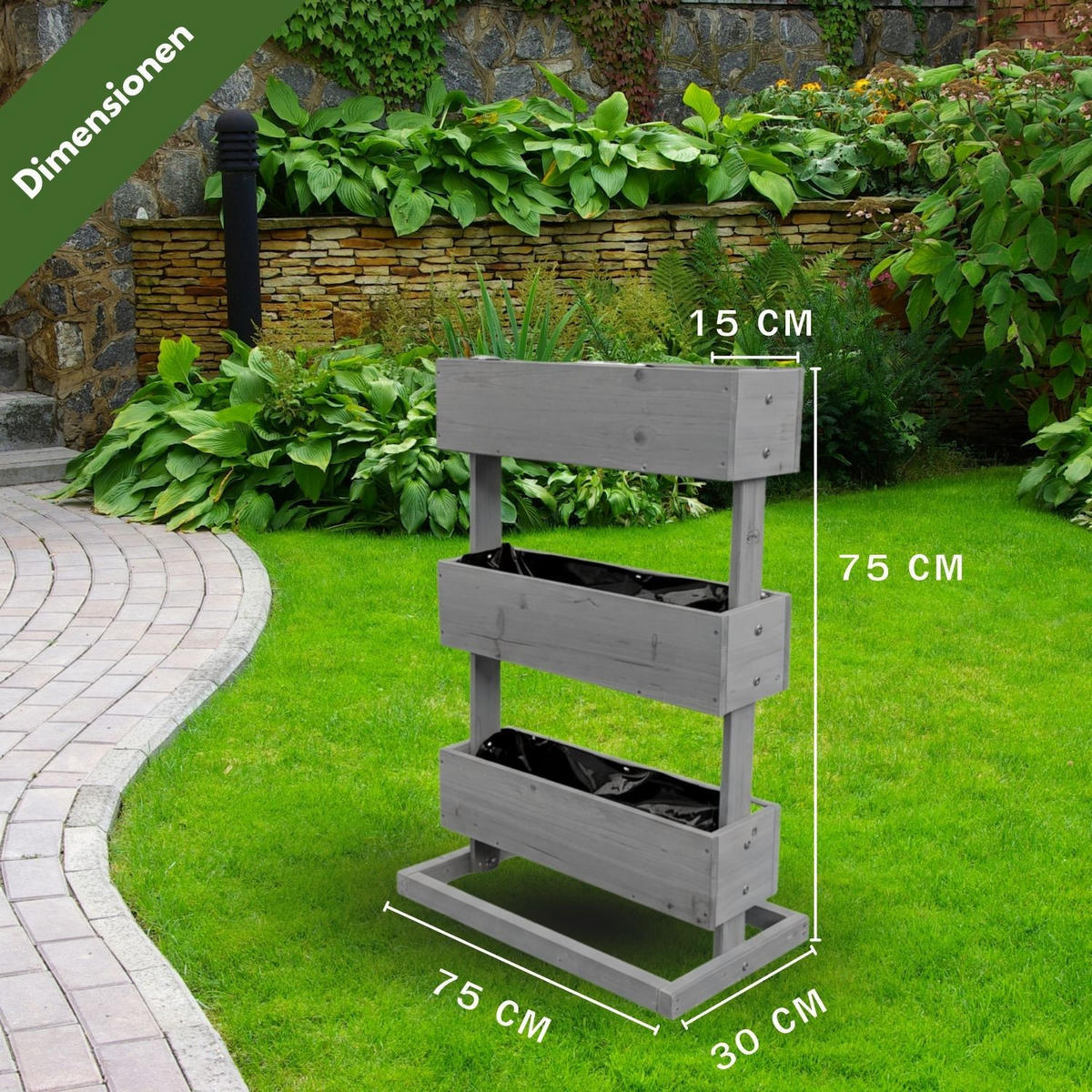 HOCHBEET 3 Etagen Holz Grau 75/30/75 cm - Grau, Holz (30/75/75cm) - Coemo
