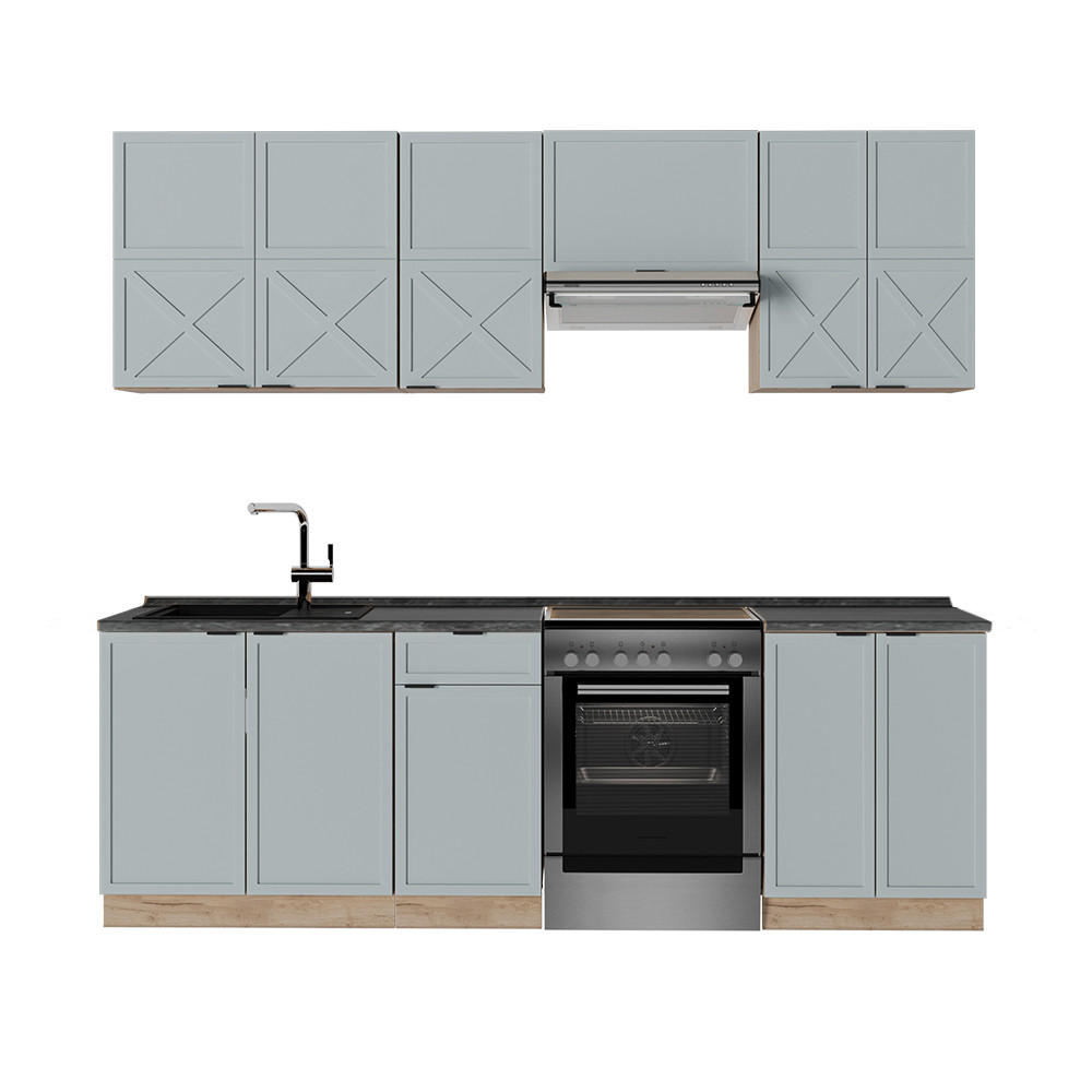 KÜCHENZEILE Fame-Line Hellblau-grau/Goldkraft Eiche 240 cm AP Anthrazit - Honigeiche/Blaugrau, Holzwerkstoff (240/81.6/60cm) - Vicco