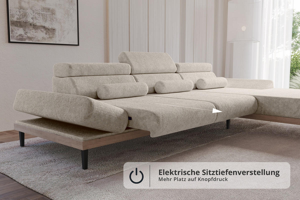 ELEKTRISCHES ECKSOFA Rechts MONA 316x205x85 Beige Velours - Beige, Holzwerkstoff/Textil (316/205cm) - ALTDECOR