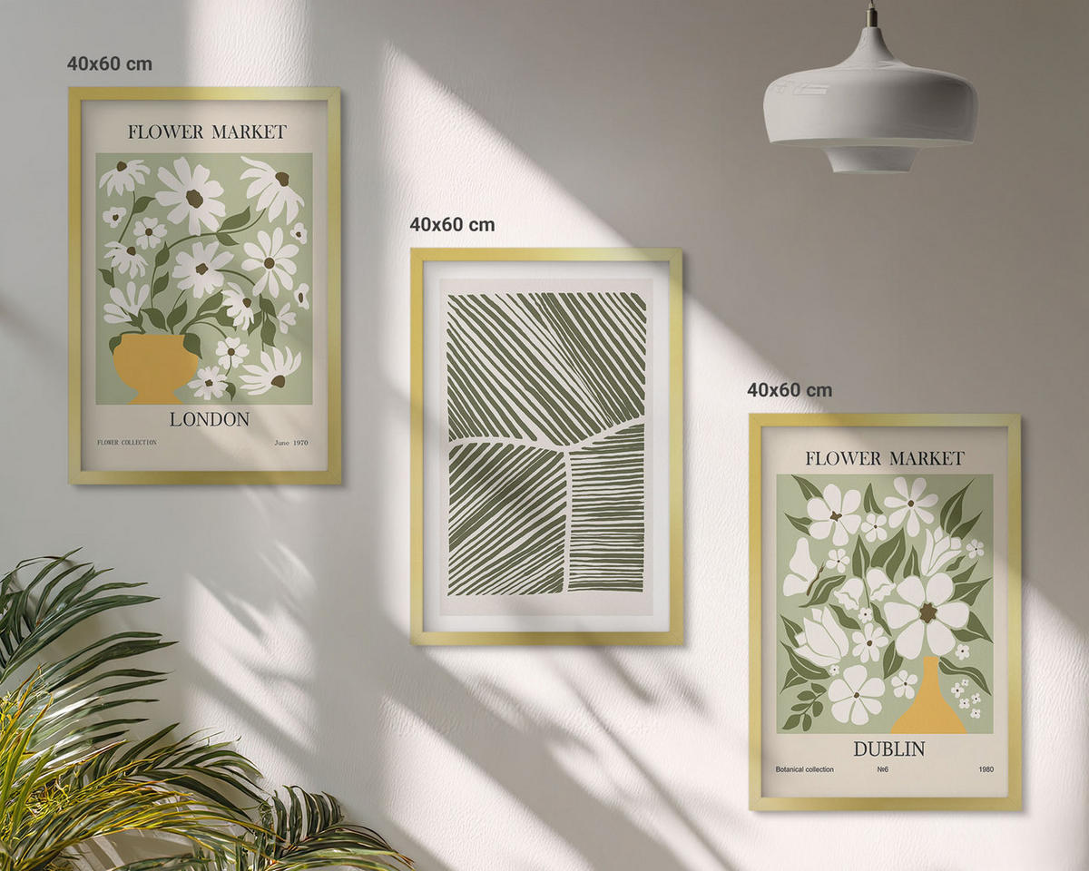 WANDBILDER 3er Set - 40x60 cm Goldrahmen - Blumenmuster London Dublin - Goldfarben, Kunststoff (40/60cm) - ArtPrintCave
