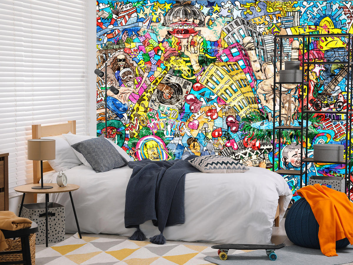 FOTOTAPETE für Jugendzimmer Buntes Graffiti Streetart Bunt 300x210 - Türkis/Gelb, Papier (300/210cm) - Muralo