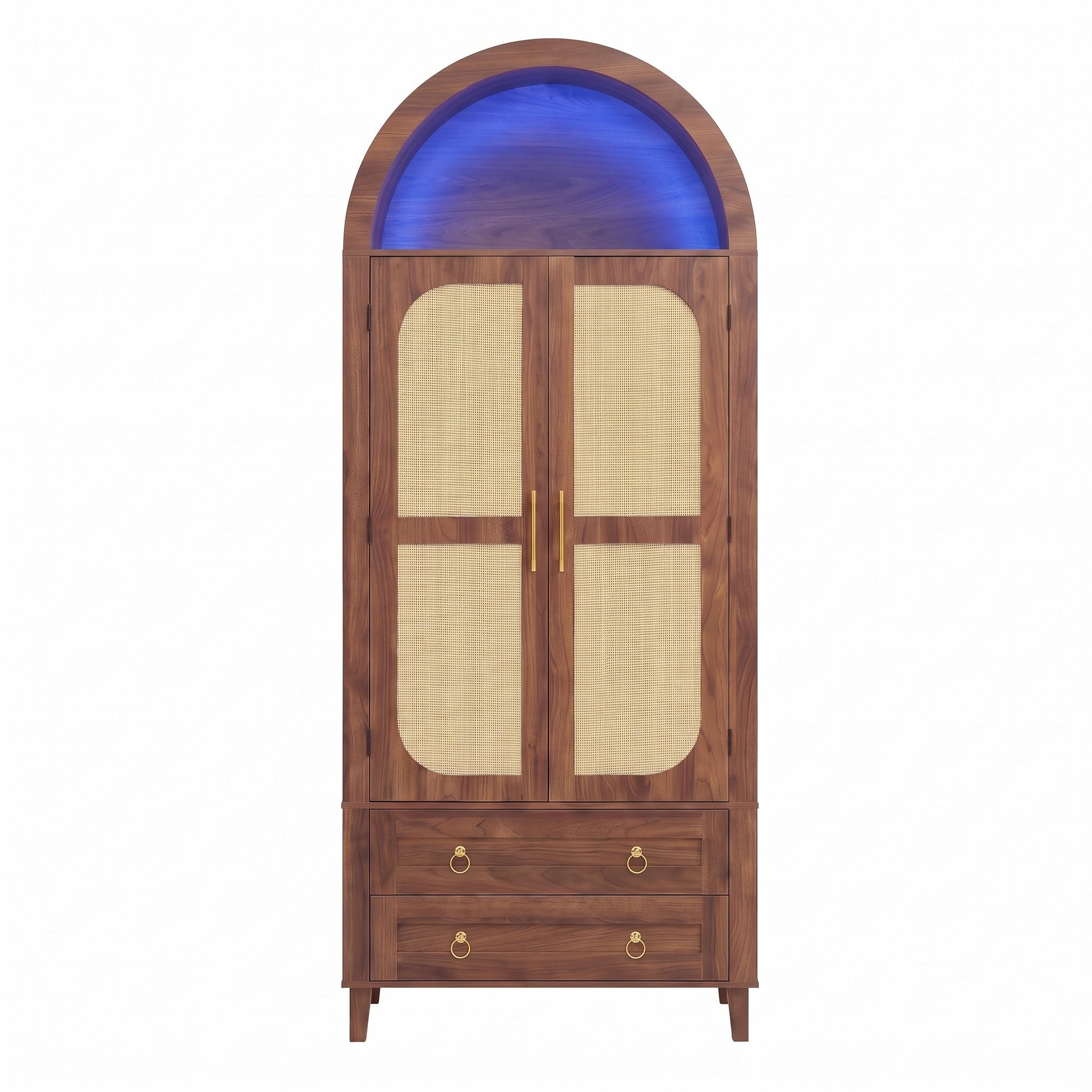 HOCHSCHRANK Nussbaum Bogen-Design mit Rattan-Türen, APP-LED & 2 Schubladen - Walnussfarben, Holzwerkstoff (76/179.5/40cm) - Urban Meuble