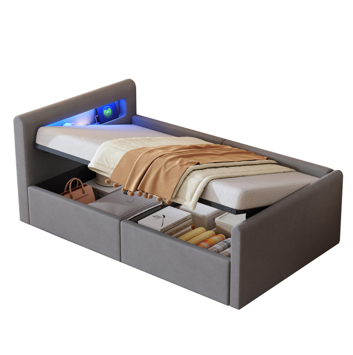 POLSTERBETT 90/200 cm mit LED-Beleuchtung, Nachtlicht, USB-Anschluss und Hydraulik-Bettkasten, Samtbezug, Hellgrau - Grau, Textil (90/200cm) - Redom