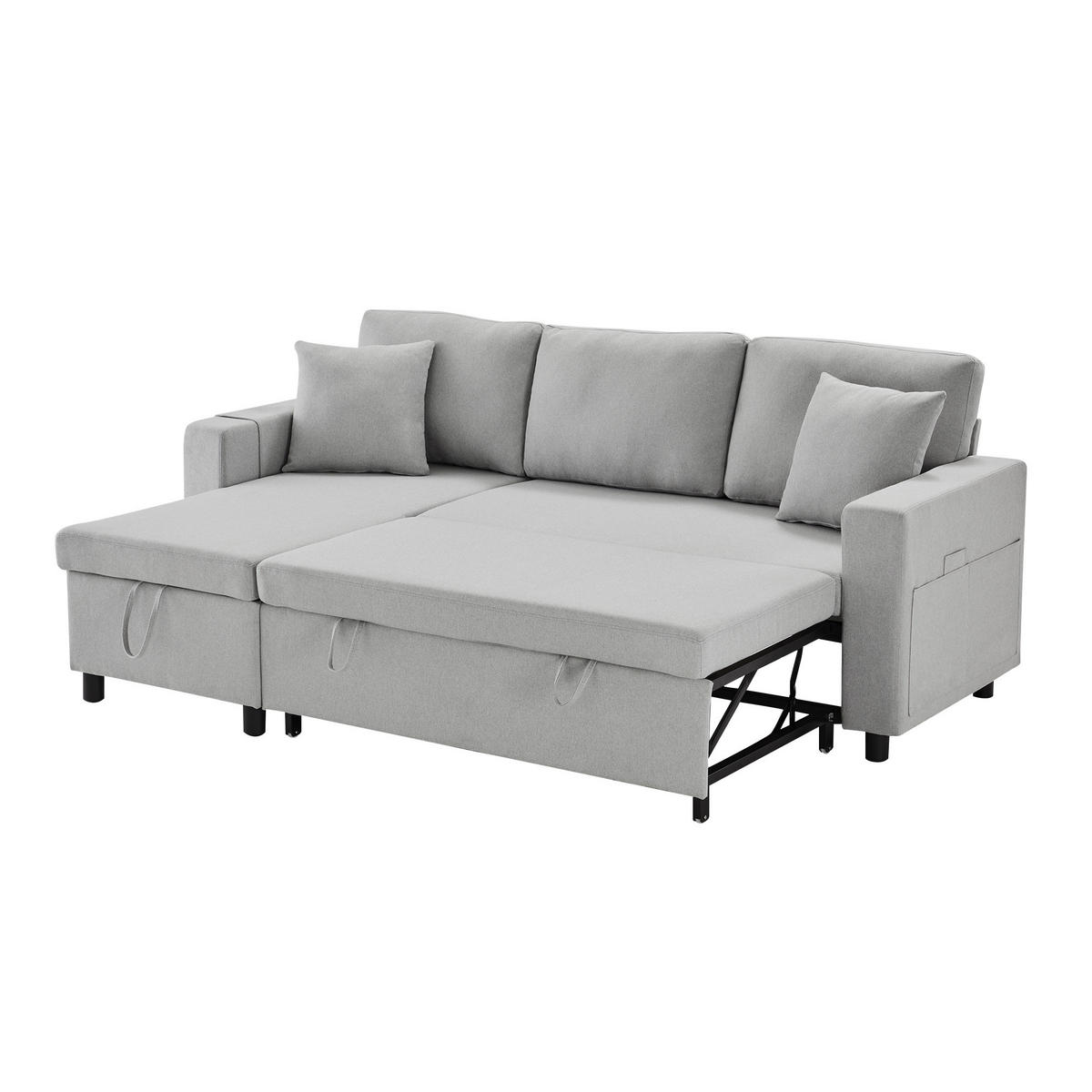 ECKSOFA L-Form mit Chaiselongue & Stauraum grau Leinen 219,5/142,5/83 cm - Grau, Textil (219.5/142.5cm) - OKWISH
