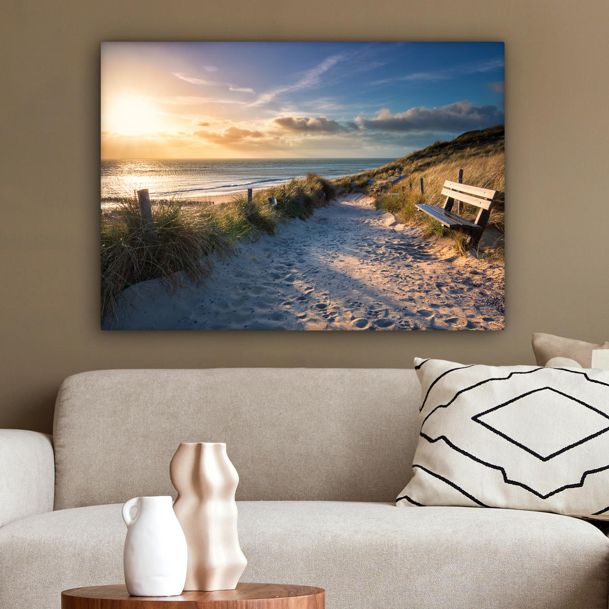OBRAZ NA PLÁTNE Západ slnka - Pláž - Duny - Tráva - Breh 80x60 cm - piesková, textil (80/60cm) - MuchoWow