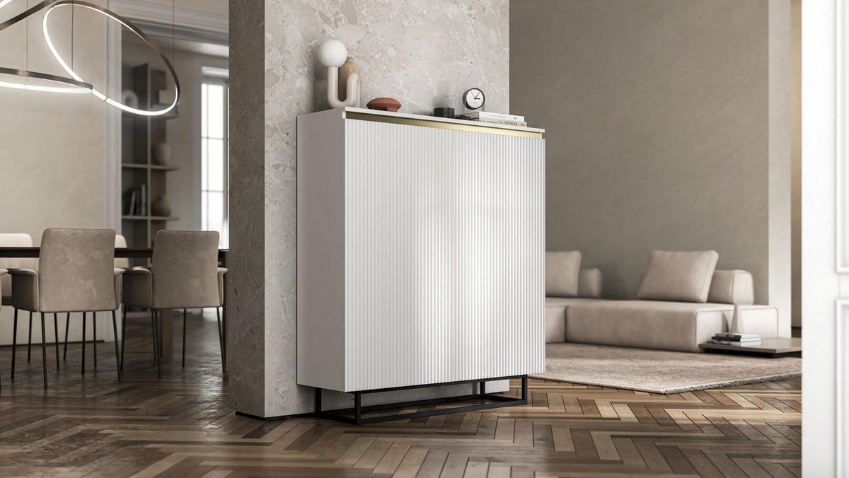HIGHBOARD Selene 2D Weiß Matt 111 cm - Schwarz/Weiß, Holzwerkstoff/Metall (111/125/35cm) - Meble Lindner