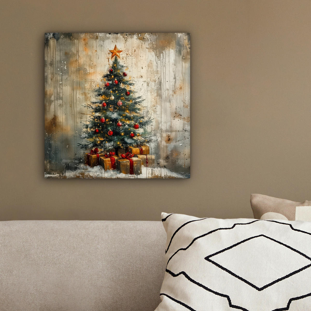LEINWANDBILD Weihnachtsbaum - Vintage - Weihnachten - Geschenk 20x20 cm - Rostfarben, Textil (20/20cm) - MuchoWow