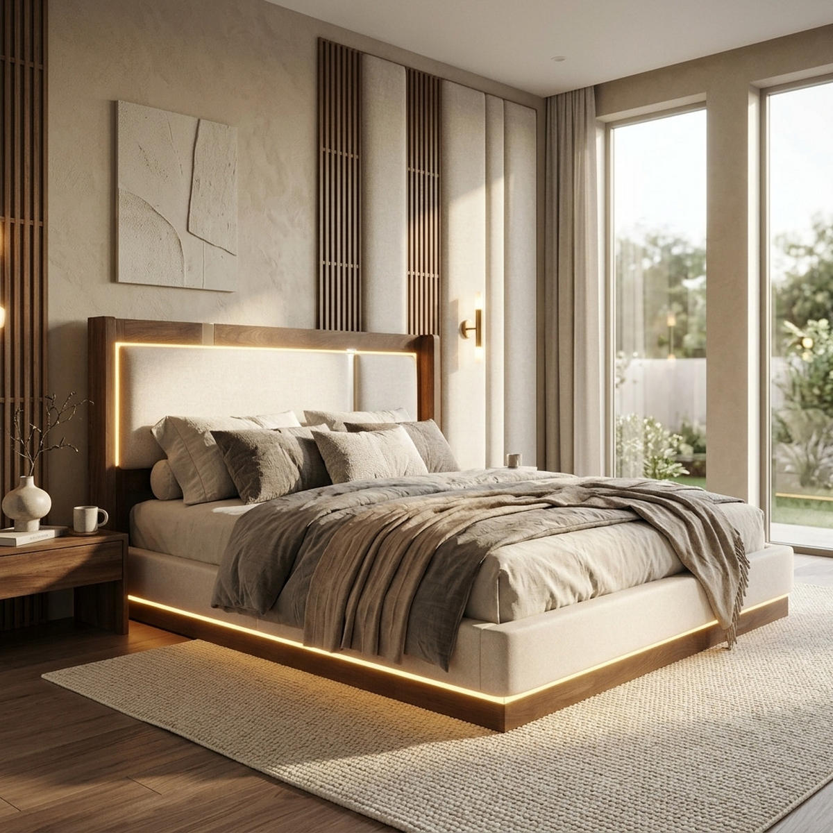 POLSTERBETT 160/200 cm in Beige Leinen mit Bettkasten, LED und Lattenrost - Beige, Holzwerkstoff/Textil (160/200cm) - WISHDOR