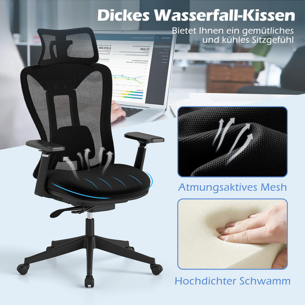 BÜROSTUHL mit verstellbarer Lendenwirbelstütze Kopfstütze und 3D-Armlehnen schwarz - Schwarz, Leder (70/116/68cm) - COSTWAY