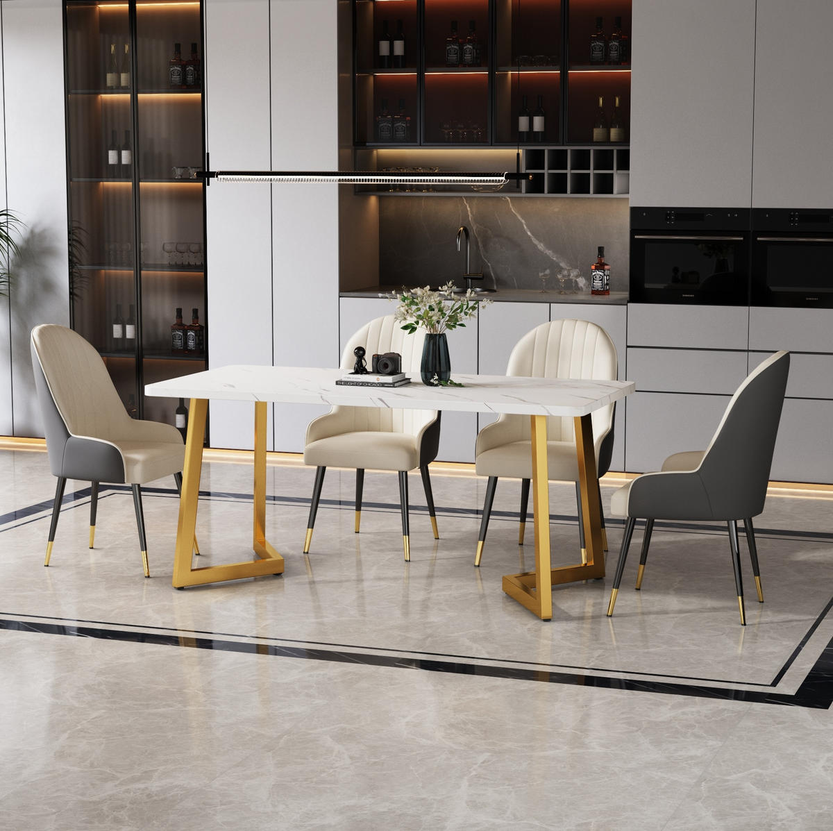 ESSTISCH 117x68x75 cm in Weiß und Gold aus MDF mit Marmoroptik auf goldenen Eisenbeinen - Weiß, Holzwerkstoff (117/68/75cm) - Modfu