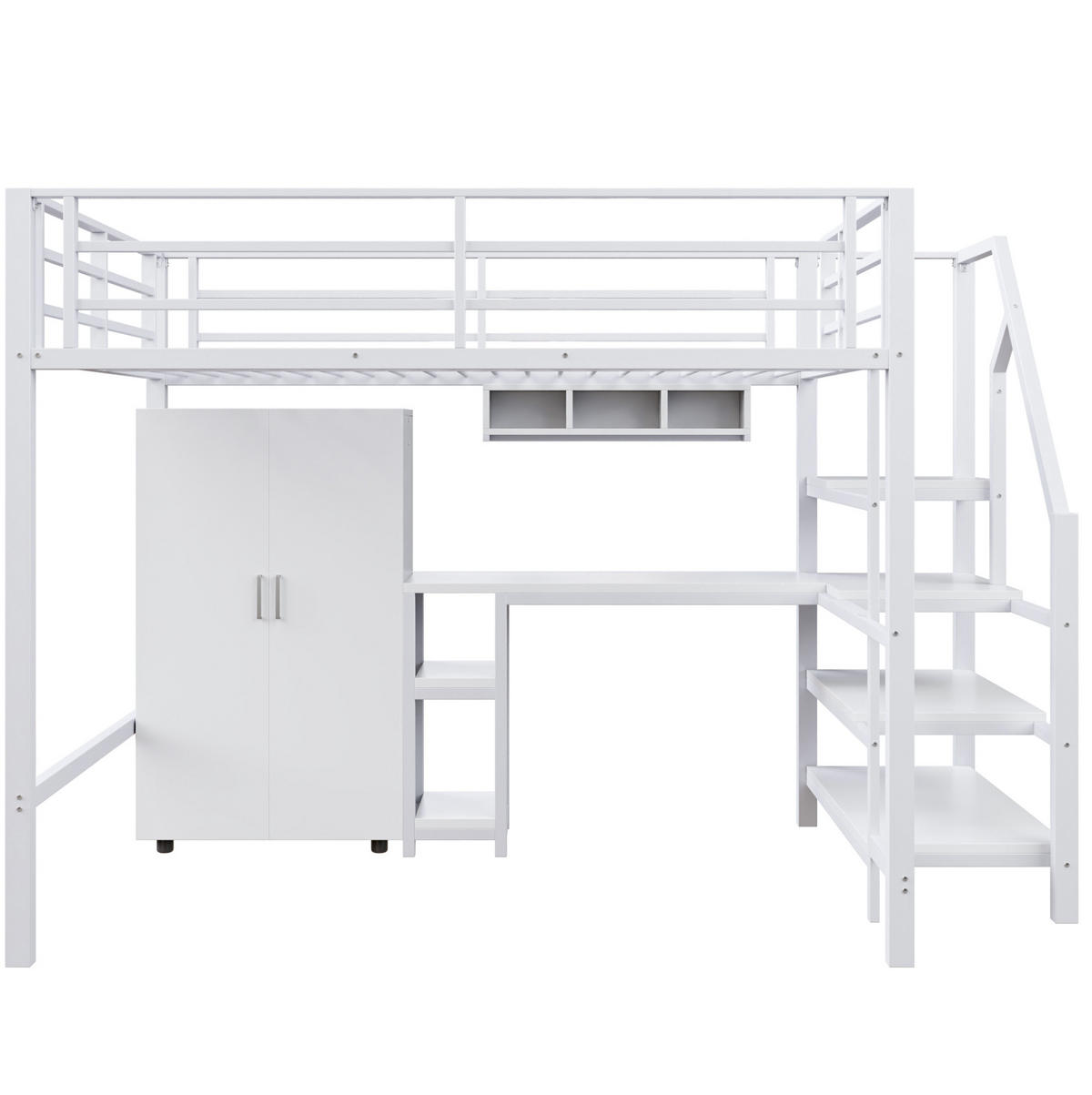 HOCHBETT 140/200 cm mit Kleiderschrank, Regalen, Ablageleiter, Schreibtisch und Metallrahmen, Weiß - Weiß, Metall (140/200cm) - Redom