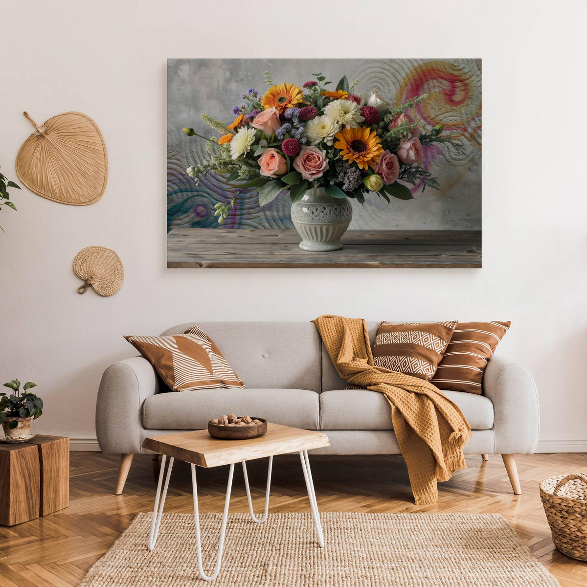 LEINWANDBILD für Wohnzimmer Blumenstrauß in Vase Ornamenten 70cm x 50cm - Blau/Beige, Textil (70/50cm) - Muralo