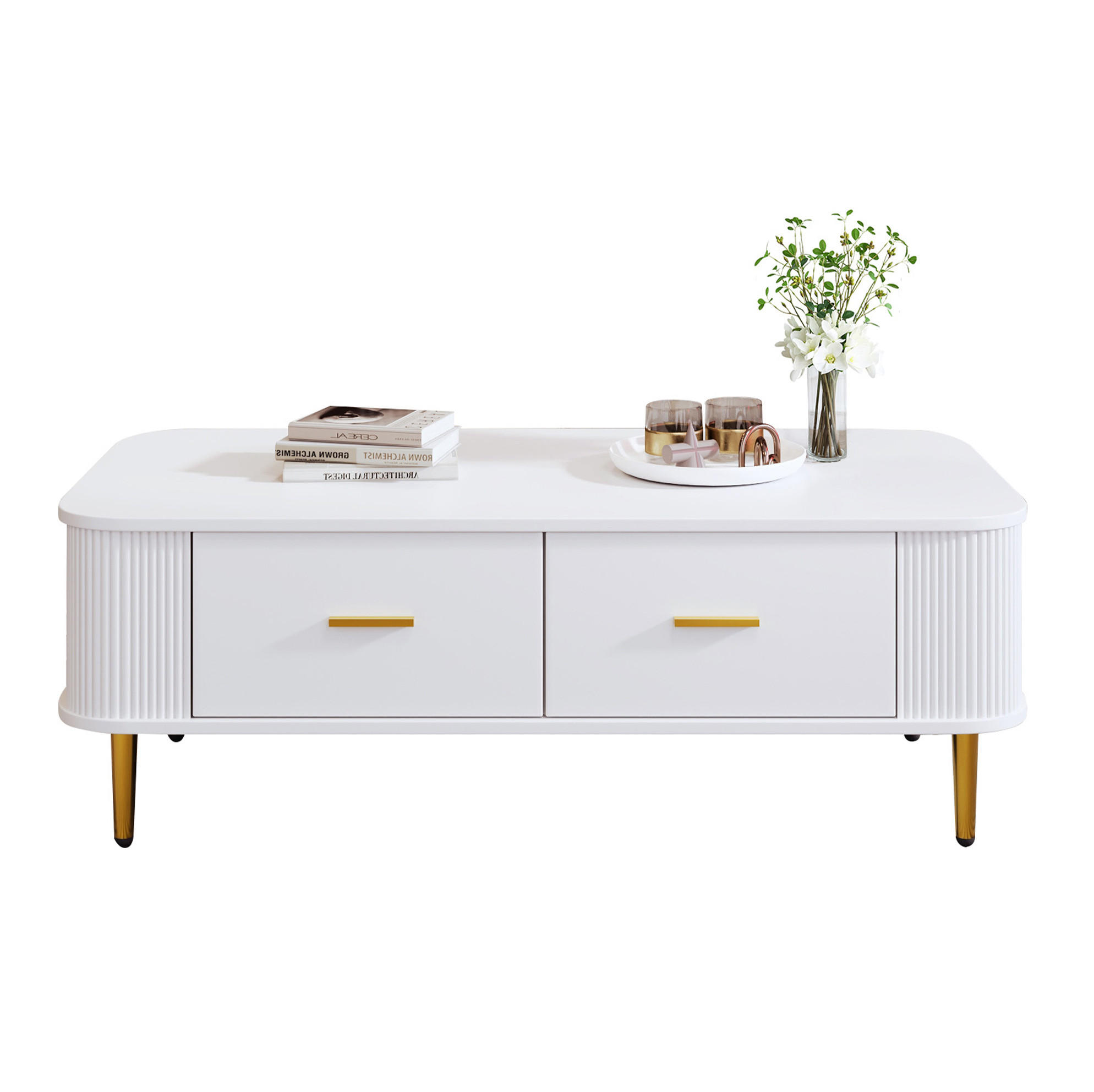 OKWISH KONFERENČNÍ stolek 105/51/38 cm bílý z MDF se 4 zásuvkami a zaoblenými hranami