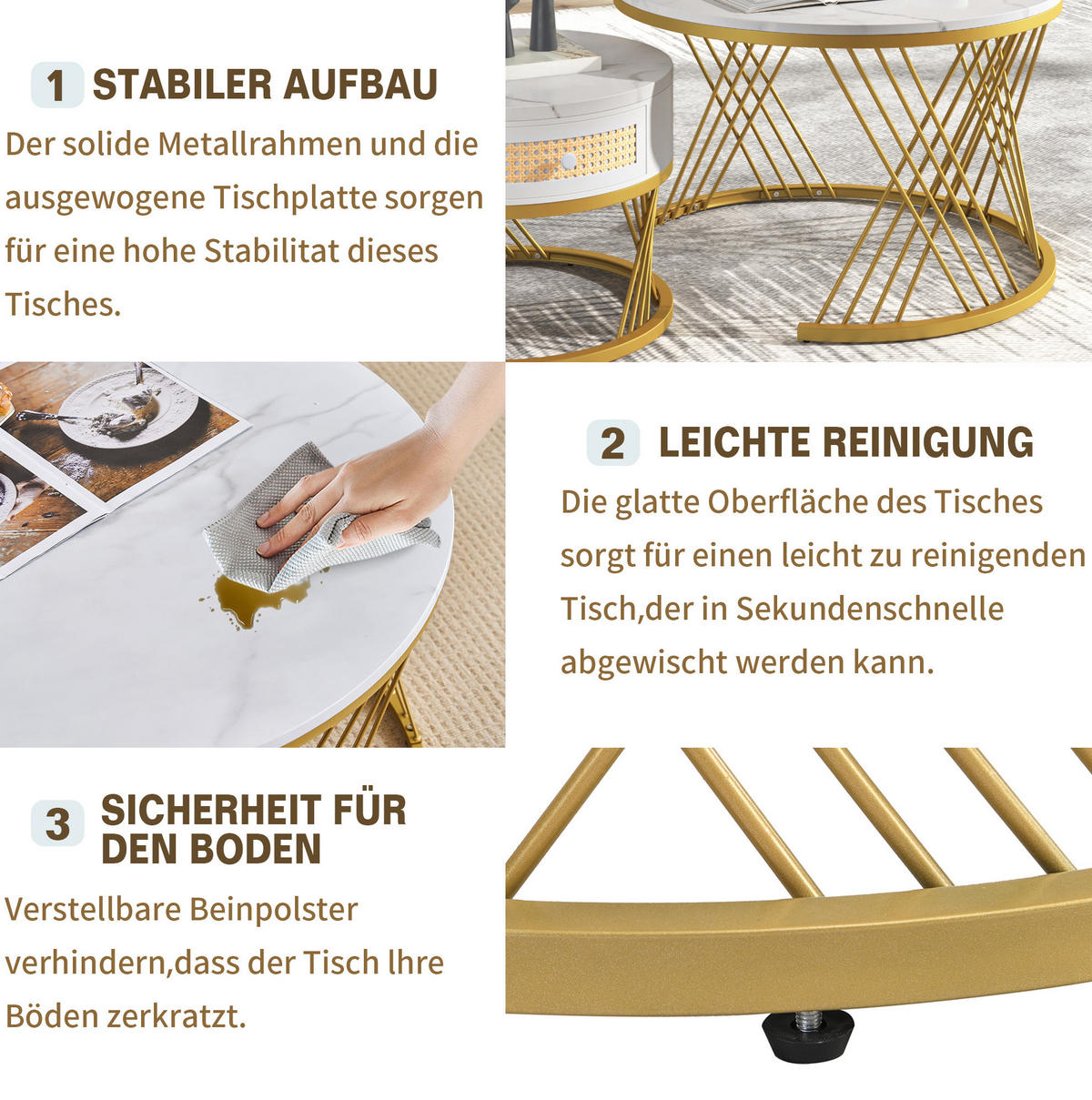 COUCHTISCH-SET aus MDF und Metall 70x70x45,5 cm Weiß/Gold mit Schublade - Weiß, Holzwerkstoff (70/70/45.5cm) - IVMEU