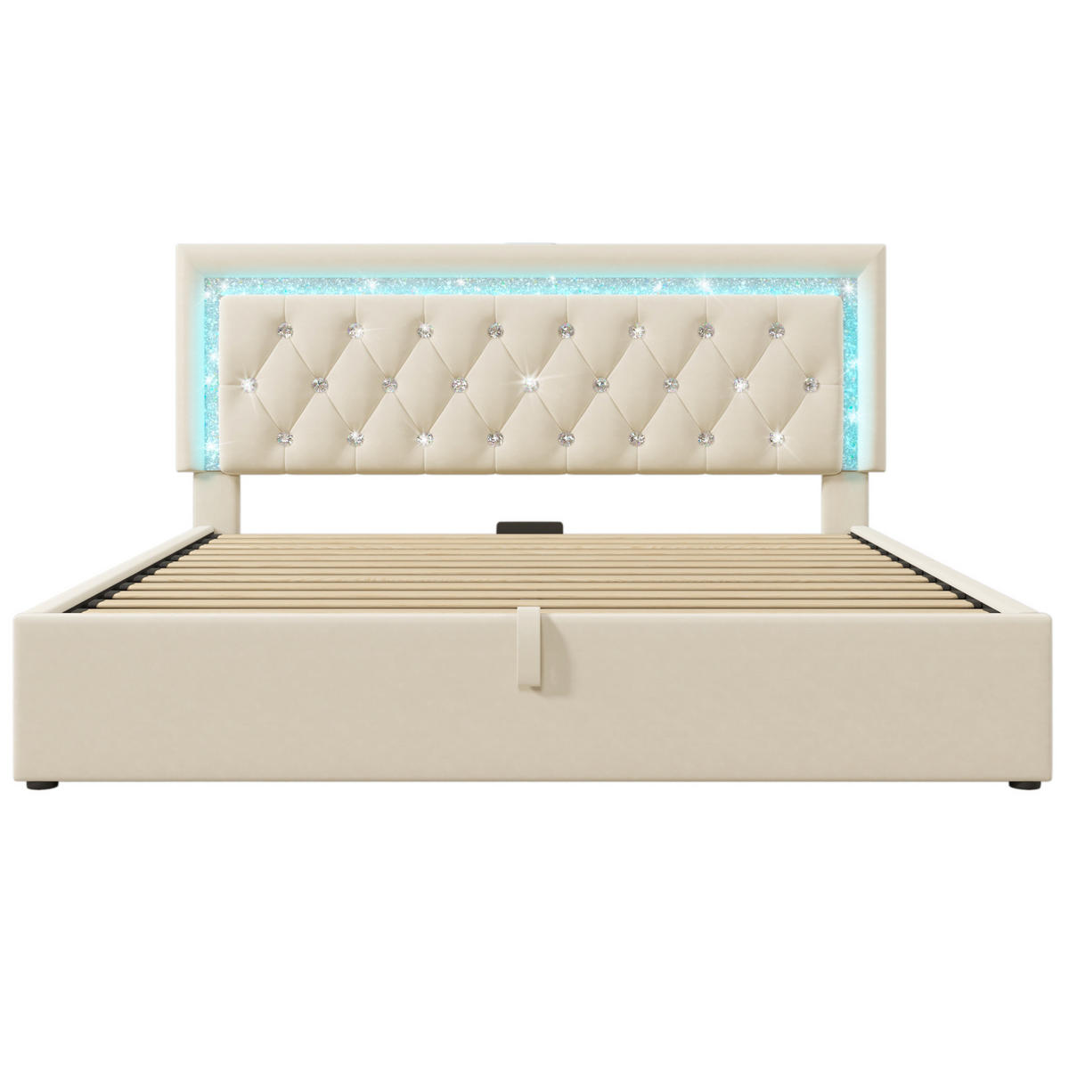 ČALÚNENÁ posteľ, 140/200 cm, zamat béžová, s matracom, LED, USB a úložným priestorom - béžová, textil (140/200cm) - BEAOK