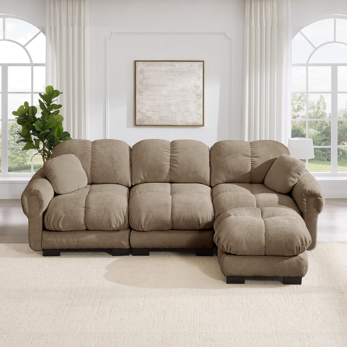 SOFA mit beweglichem Hocker und 2 Kissen Chenille Braun - Braun, Holz (149/260cm) - Meubliv