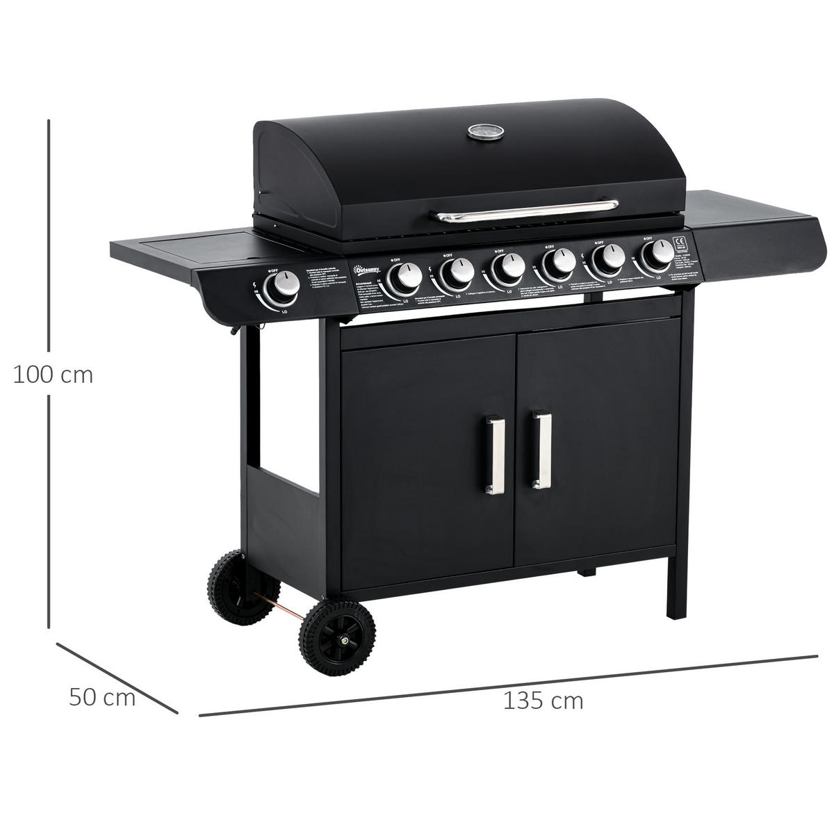 GASGRILL mit 6 Brennern 1 Seitenbrenner Schrank Multifunktion Metall Schwarz 135 x 50 x 100 cm - Schwarz, Metall (50/100/135cm) - Outsunny