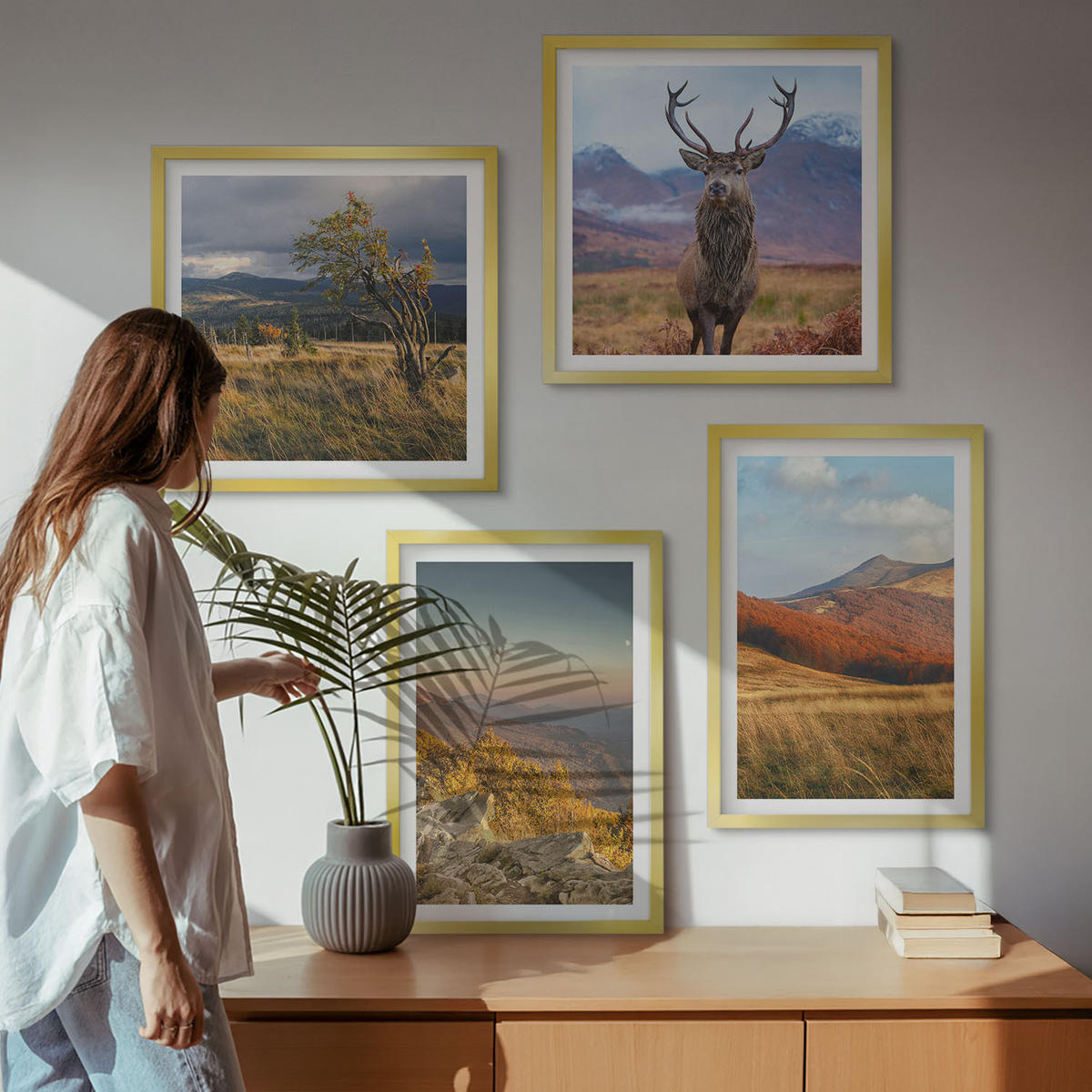 BILDER SET 4er Set - 50x50 cm & 40x60 cm Goldrahmen - Berglandschaften, Hirschgras - Goldfarben, Kunststoff (50/50cm) - TULUP