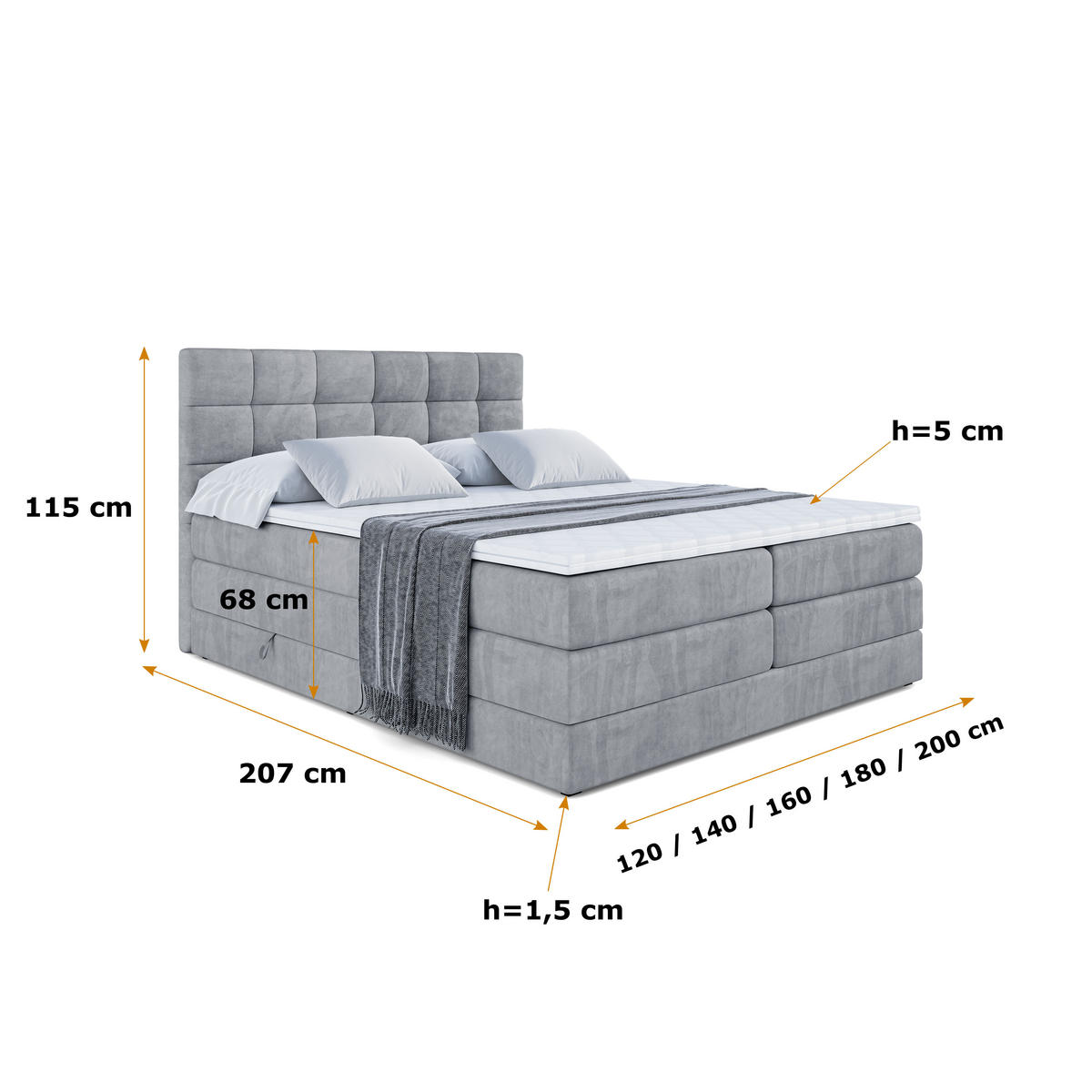 BOXSPRINGBETT BRUGO KING - 160 x 200 - H3/H4 - Grau - Grau, Holzwerkstoff (160/200cm) - ALTDECOR