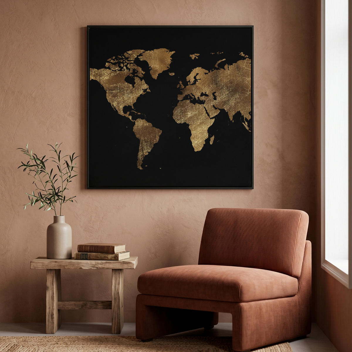 LEINWAND Bilder mit Rahmen - Weltkarte - Gold - Luxus - Erde - Schwarz - 90x90 - Goldfarben, Textil (90/90cm) - MuchoWow