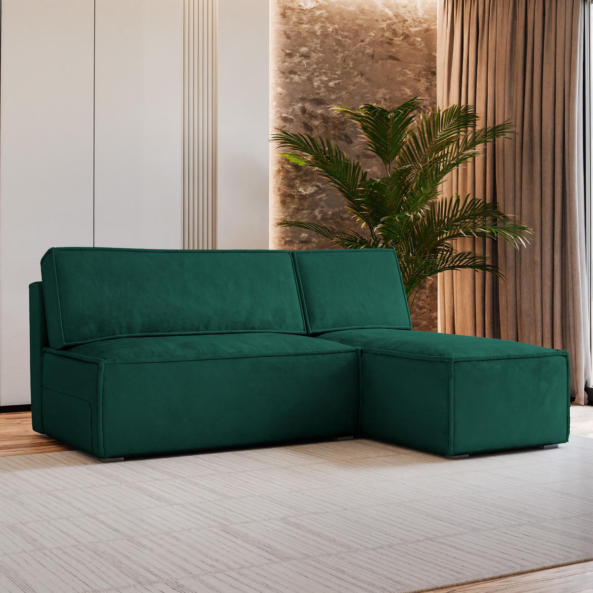 ECKSOFA BRISO M Grün Velours-Stoff mit Schlaffunktion - Grün, Holz (200/140cm) - MASSENO