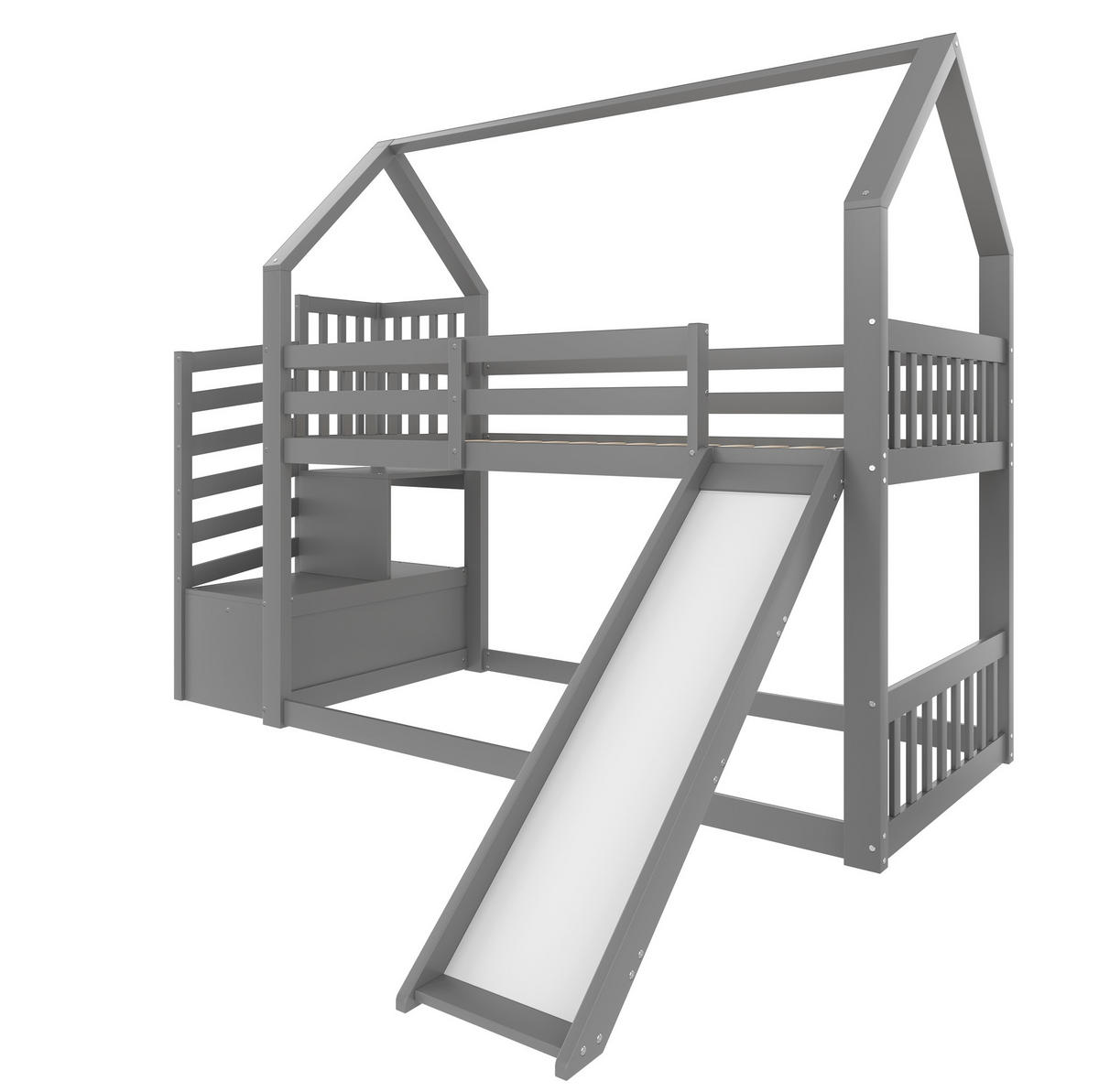 ETAGENBETT aus Kiefernholz und MDF 90x200 cm Grau mit Stauraumtreppe, Rutsche und Hausdesign - Grau, Holzwerkstoff (90/200cm) - Modfu
