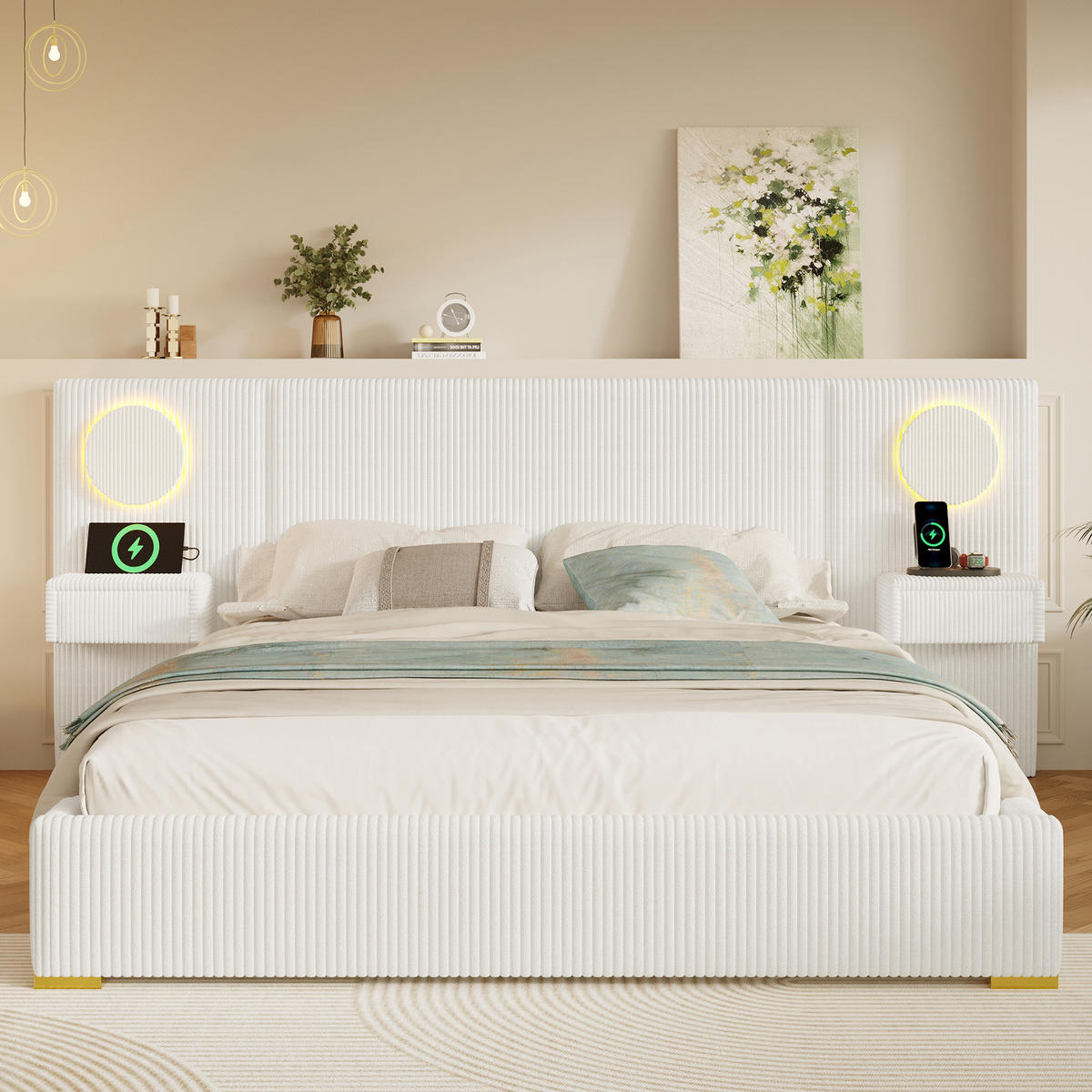 SAMETOVÁ čalouněná postel 180/200 cm s LED čelem, USB porty a nočními stolky se zásuvkami, béžová - béžová, textil (180/200cm) - Redom